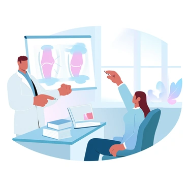A doctor is standing next to a medical chart displaying an illustration of a knee joint. The doctor is wearing a white coat and holding a pointer to indicate parts of the knee. The patient is seated in a chair, looking attentively at the chart. The office has a desk with a laptop, some medical books neatly stacked, and a model of a knee joint on the desk. A window with soft light filters in, illuminating the scene.