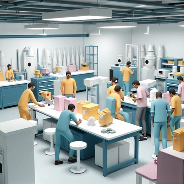 A factory floor filled with activity, where multiple workers are assembling "3D rocket parts." Some workers are using tools like wrenches and drills, while others are carefully inspecting the components on a large assembly table. Bright overhead lights illuminate the space, highlighting the detailed machinery and equipment surrounding them. Various rocket parts, such as fins, engines, and fuselage sections, are organized on shelves and workstations. The atmosphere is dynamic, with workers wearing safety goggles and uniforms, fully engaged in their tasks.