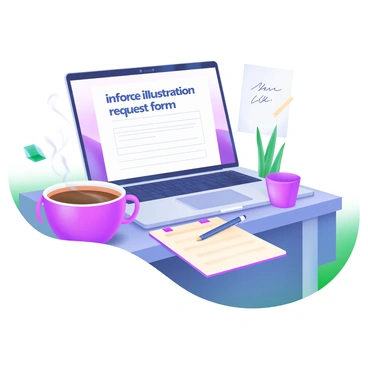A modern pastel illustration featuring an organized office desk. On the desk, there is a printed "inforce illustration request form" placed neatly beside a steaming cup of coffee. The desk is adorned with a small potted plant, a sleek pen, and a laptop with a soft glow. A notepad with a few scribbled notes is positioned near the laptop, completing the tidy workspace.