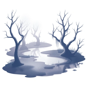 A dark swamp is depicted with a surface of still water. Mist is rising gently from the water's surface, creating a sense of mystery in the atmosphere. Tangled trees with gnarled branches and moss hanging from them grow along the edges of the swamp. The ground is uneven and dotted with tufts of grass and small plants emerging from the muddy terrain. Shadows cast by the trees create a complex interplay of light and dark across the scene.