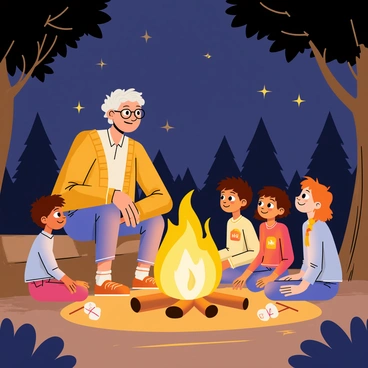 An elderly person with white hair and glasses sits on a log around a campfire, casting a warm glow. The person has a gentle smile and is wearing a cozy cardigan. Around the campfire, four children of diverse backgrounds sit on the ground, listening attentively with wide eyes. The flames of the fire flicker, lighting up their faces and the surrounding trees. The night sky is filled with stars, adding to the magical atmosphere of storytelling. A few sticks and marshmallows are placed nearby, ready for roasting as they share these wise stories.