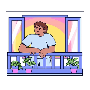 A person standing on a home balcony, breathing deeply and enjoying the evening air