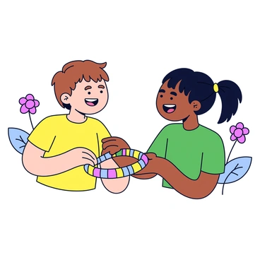 Two children are facing each other, each holding a colorful handmade friendship bracelet in their hands. One child has short brown hair and is wearing a bright yellow t-shirt. The other child has long black hair tied in a ponytail and is dressed in a green t-shirt. Both children have expressive, big smiles on their faces, showcasing their excitement as they exchange the bracelets. In the background, there are simple outlines of flowers and trees, adding a cheerful atmosphere to the scene.