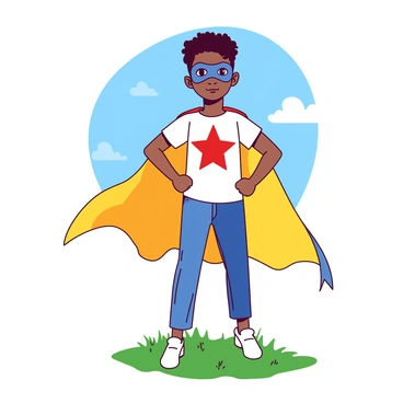 A young black boy is standing confidently with his hands on his hips in a homemade superhero costume. The costume features a bright yellow cape flowing behind him and a blue mask covering his eyes. He is wearing a T-shirt with a large red emblem on the chest, depicting a star symbol. The boy is standing on a grassy field, with a clear blue sky overhead, and a few fluffy white clouds in the distance. His expression is determined and proud as he poses heroically, embodying the spirit of a true superhero.