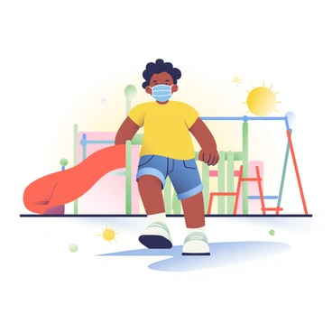 A child with medium brown skin is wearing a blue protective mask while playing in a dusty playground. The child has short curly hair and is wearing a bright yellow t-shirt and denim shorts. Surrounding the child are various playground equipment, including a red slide and a swing set. Dust is visible in the air, creating a hazy atmosphere around the playground. The sun is shining brightly, casting long shadows across the ground.