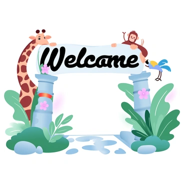 A zoo entrance features a large "Welcome" banner hanging prominently above. Colorful animals are peeking over the banner, including a giraffe with a long neck extending over one side, a playful monkey gripping the edge, and a vibrant parrot perched nearby. Lush greenery surrounds the entrance, with tropical plants and flowers enhancing the scene. The pathway leading into the zoo is lined with stones, inviting visitors to explore further.