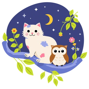 A cute cat with large, sparkling eyes and fluffy fur is sitting on a thick, leafy tree branch. The cat has a pastel-colored coat with soft pink and blue patches. Beside the cat, a wise-looking owl with big round eyes and soft brown feathers is perched, gazing thoughtfully. Above them, a dark blue sky is filled with twinkling stars and a crescent moon, casting a gentle glow on the scene. The branch is adorned with vibrant green leaves, and a few colorful flowers bloom nearby.