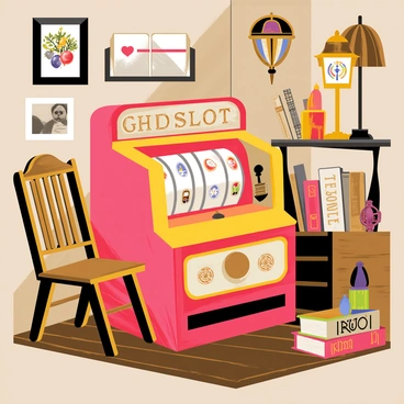 An antique shop corner filled with various vintage items. In the center, there is a classic slot machine with a bright red and gold exterior, featuring colorful symbols on its spinning reels. Surrounding the slot machine are old treasures, including a wooden rocking chair with intricate carvings, a brass lamp with a stained glass shade, and a stack of worn leather-bound books. The floor is made of dark wooden planks, and the walls are adorned with old photographs and various trinkets, creating a nostalgic atmosphere.