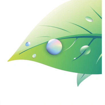 A single, glistening raindrop is delicately perched on the edge of a vibrant green leaf. The leaf has a smooth surface with visible veins, showing shades of deep green and lighter green highlights. The raindrop reflects the surrounding greenery, capturing the light and creating a tiny rainbow effect inside it. Soft drops of water can be seen on nearby leaves, enhancing the fresh, natural atmosphere. The background is slightly blurred, emphasizing the focus on the leaf and the raindrop.