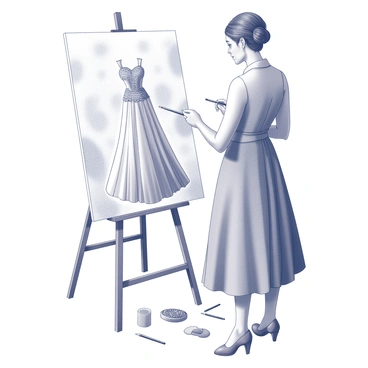 An artist is standing in front of a large canvas, focused on creating a unique dress design. The canvas showcases a variety of intricate patterns and textures that the artist is sketching with precise lines. The artist's tools, including brushes and pencils, are scattered around, emphasizing the creative process. The dress design features flowing lines and detailed embellishments, suggesting movement and elegance. There is a sense of concentration on the artist's face as they visualize the final piece.