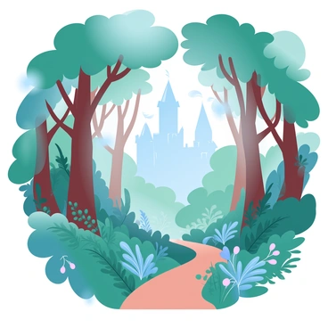 A dense forest with tall trees and thick foliage creates a sense of mystery. The trees have vibrant green leaves interspersed with hints of pastel colors, giving an ethereal quality to the scene. A narrow, winding path cuts through the underbrush, partially obscured by ferns and wildflowers. In the background, a majestic castle rises, its towers reaching towards the sky. The castle is surrounded by a soft glow, enhancing its enchanting presence among the trees. Gentle rays of light filter through the canopy, illuminating parts of the path and the castle.