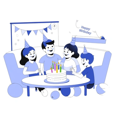 A family is gathered in a warmly decorated living room, celebrating a birthday. A large cake is placed on a table, adorned with colorful candles and surrounded by balloons. The family members are smiling and wearing party hats as they gather around the cake, preparing to sing "Happy Birthday." In the background, a smoke detector is mounted on the ceiling, ensuring safety during the celebration. The atmosphere is lively with decorations like streamers hanging from the walls, and a banner reading "Happy Birthday" is prominently displayed.