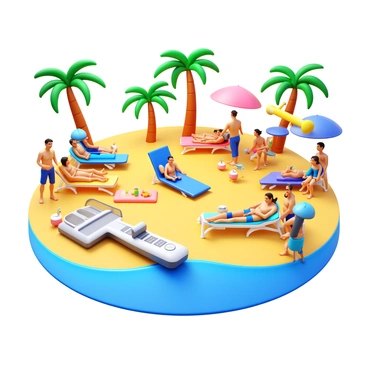 A high-tech beach resort filled with vacationers lounging under the sun. Robotic servers glide smoothly across the sandy beach, delivering drinks and snacks to guests. Smart sunbeds with built-in controls adjust to the perfect angle for relaxation. Bright umbrellas provide shade, while palm trees sway gently in the background. Families and friends enjoy their time together, engaging in various beach activities. The scene captures the vibrant atmosphere of a modern vacation destination.