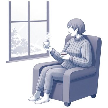 A person seated comfortably in an armchair. They are wearing a chunky knit sweater with thick, textured patterns. The individual holds a steaming cup of hot cocoa, with wisps of steam rising from the surface. Outside the window nearby, snowflakes are gently falling, blanketing the ground in a layer of white. The scene captures a cozy atmosphere, emphasizing the warmth of the indoor setting contrasted with the cold, snowy landscape outside.