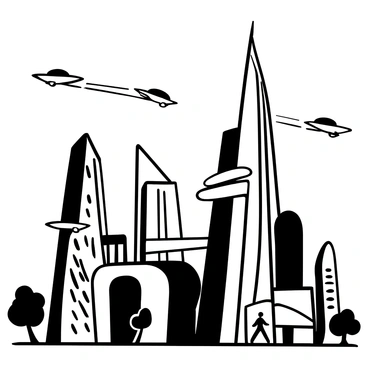 A futuristic city with sleek skyscrapers extending high into the sky, featuring smooth and angular designs. There are flying cars zipping through the air, leaving trails behind them. The skyline is filled with various types of buildings, some with rounded edges and others with sharp angles. Elevated walkways connect the skyscrapers. Below, people are walking on the street, while trees and plants are integrated into the city's architecture.