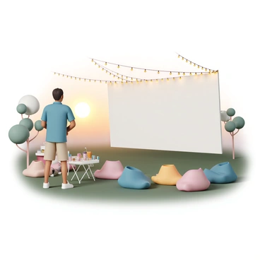 An event planner, wearing a blue polo shirt and khaki shorts, is arranging an outdoor film screening. A large white screen is set up on a grassy area, facing a row of cozy seating options, including colorful bean bags and folding chairs. Strings of warm fairy lights are hung above the seating area, creating a welcoming atmosphere. Nearby, a small table is adorned with snacks, popcorn, and drinks, ready for guests. The setting sun casts a soft glow over the scene, with a few trees in the background framing the event.