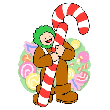 An Oompa Loompa with vibrant green hair and a cheerful expression is peeking out from behind a giant, spiraled red and white candy cane. The Oompa Loompa is wearing a brown outfit with white suspenders and oversized shoes. One hand is raised to its mouth in a playful gesture, as if sharing a secret. The candy cane stands tall against a colorful candy-themed background, filled with lollipops and gumdrops. The scene is lively, emphasizing the fun and whimsical nature of the Oompa Loompa's antics.