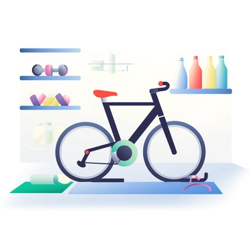 A spin bike is positioned prominently in a neat garage. The bike has a sleek black frame with a red seat and handlebars. Surrounding the bike, there is a variety of workout equipment including a set of dumbbells in different weights on a rack. A yoga mat is rolled out on the floor next to the bike, and a jump rope lies casually beside it. Wall-mounted shelves display neatly organized water bottles and resistance bands. The garage has bright lighting, highlighting the polished concrete floor and white walls, creating an inviting workout space.