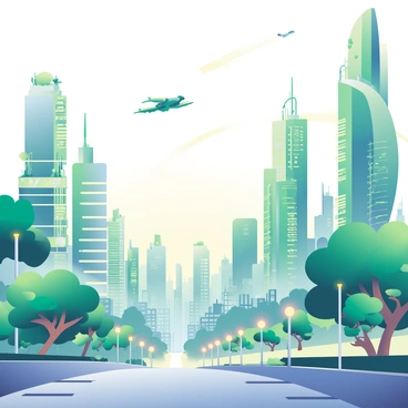 A vast futuristic cityscape stretches across the horizon, filled with buildings of unique emerald architecture. Towering structures with sleek, curving lines and reflective surfaces dominate the skyline, glowing softly in varying shades of green. Some buildings are designed with intricate geometric patterns, while others feature cascading vertical gardens that enhance their emerald hues. In the foreground, a wide pedestrian walkway is lined with luminous street lamps and surrounded by trees with bioluminescent leaves. Above, flying vehicles zip through the sky, leaving behind trails of light. The ambiance is dynamic, showcasing a harmonious blend of nature and advanced technology.