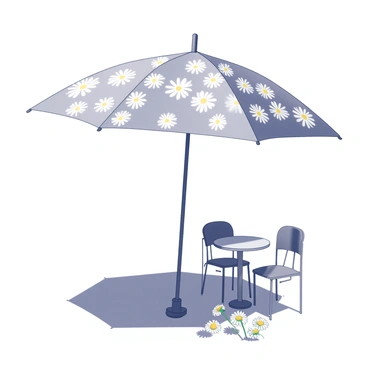 A large umbrella with intricate daisy patterns. The umbrella is opened wide, casting a large shadow on the ground below. It stands on a sturdy pole securely fixed in place. Sunlight creates distinct shapes of light and shadows on the surface beneath the umbrella. The surrounding area features a small table with two chairs, offering a cozy atmosphere. Nearby, there are several blooming daisies, complementing the patterns on the umbrella.