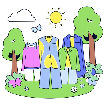 An illustration features a collection of clothing designed by Issey Miyake made from eco-friendly materials. The garments display unique textures and patterns, showcasing their sustainable nature. Surrounding the clothing is a vibrant green environment, with lush trees and soft grass. Sunlight filters through the leaves, creating a warm and inviting atmosphere. Additionally, small details like butterflies and flowers enhance the natural setting.