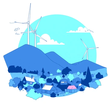 A blue hill rises gently towards the sky, dotted with several large white wind turbines that are spinning gracefully in the breeze. Below, a small village with cozy houses and scattered trees is nestled in the lush green valley. The houses feature colorful rooftops, with smoke curling up from one of the chimneys, indicating warmth inside. In the background, a bright blue sky is partially filled with soft, white clouds. The overall scene captures the harmony between nature and renewable energy.