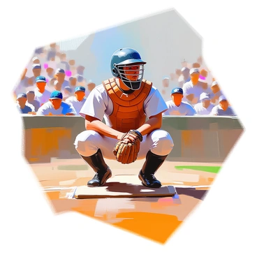 A catcher is depicted in a squatting position, wearing vintage baseball gear typical of the early 20th century. His uniform features dark woolen fabric with a buttoned shirt and knee-length trousers, complemented by a rich leather chest protector. The catcher's mask is made of metal, showcasing its historical design with a sturdy cage and a simple padding. He is focused intently on the game, with his mitt poised to catch a fast pitch. Around him, the field is alive with the details of an early baseball game, including wooden bleachers filled with spectators wearing period-appropriate clothing. The atmosphere captures the essence of the time, emphasizing the classic elements of the sport.