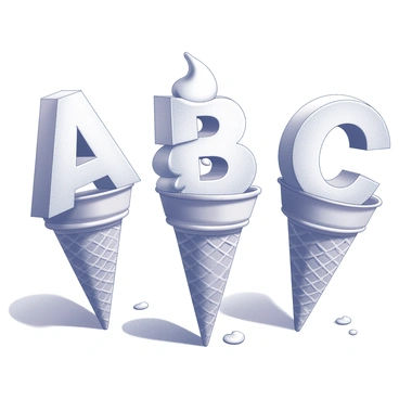 Three ice cream cones are placed on a flat surface under direct sunlight. Each cone is topped with a scoop of ice cream shaped like a different letter: the first cone has a scoop shaped like the letter "A," the second cone features a scoop shaped like the letter "B," and the third cone has a scoop shaped like the letter "C." The ice cream scoops are beginning to melt, with droplets of melting ice cream trickling down the sides of the cones. The background is minimal, focusing on the distinctive shapes of the letter-shaped scoops and the melting process.