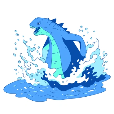 A blue giant sea monster is emerging dramatically from the ocean, its massive body towering above the waves. The creature's scales glisten in the light, displaying shades of blue and green. Surrounding the monster, there are crashing waves, white foam spraying into the air as they collide with its formidable form. The scene conveys a sense of power and energy, with droplets of water suspended mid-air, capturing the motion of the turbulent sea.