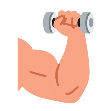 A close-up of a muscular arm curling a shiny silver dumbbell. The bicep is prominently flexed, showcasing defined muscles and veins. The hand grips the dumbbell tightly, and the skin glistens with a slight sheen. The background is softly blurred to emphasize the arm and the action of curling the weight.