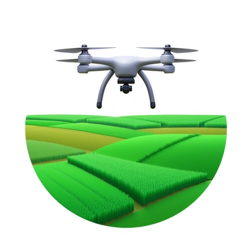 A large drone with multiple rotors is flying over expansive green fields. The drone is equipped with cameras and sensors, actively monitoring the crops below. The fields are filled with rows of various crops, showcasing a patchwork of green shades. The sky is clear, allowing for good visibility of both the drone and the landscape beneath it.