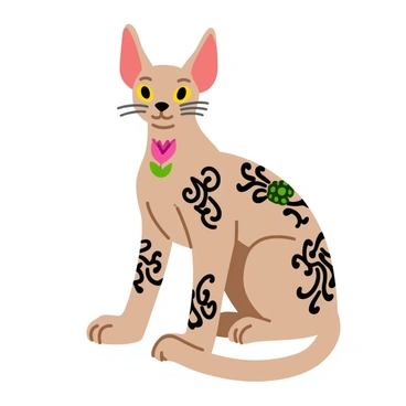 A tattoo of a hairless Sphinx cat with detailed ornate tattoos decorating its skin. The cat is positioned in a relaxed pose, showcasing its unique features such as large ears and prominent cheekbones. The intricate tattoos cover various areas of its body, featuring swirls, geometric shapes, and floral patterns. The design incorporates a mix of black and vibrant colors, enhancing the visual appeal of the tattoo. The cat's eyes are bright and expressive, adding to the overall charm of the illustration.