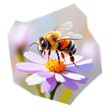 A bumblebee mid-flight, captured in a dynamic pose to emphasize movement. The bee features a fuzzy body covered in yellow and black stripes. Its wings are semi-transparent, showing intricate vein structures, and they are slightly blurred to indicate rapid motion. Surrounding the bee are small flowers with soft petals in shades of purple and white, adding context to its flight path. Light catches the bee’s wings, creating glimmers that highlight their delicate texture.