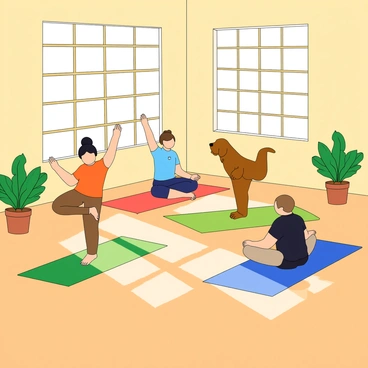 A bright sunlit room filled with natural light. Several participants are spaced out on colorful yoga mats, each engaged in different yoga poses. In the foreground, a person is in a tree pose, balancing on one leg with arms raised, showcasing concentration. Further back, another participant is in a downward dog pose, with their head down and hips raised. A third individual is seated in a cross-legged position, hands resting on their knees in a meditative pose. The walls of the room are painted a soft pastel color, and there are potted plants placed in the corners, adding a touch of greenery. A serene atmosphere is created by the warm sunlight streaming through large windows, casting gentle shadows on the floor.