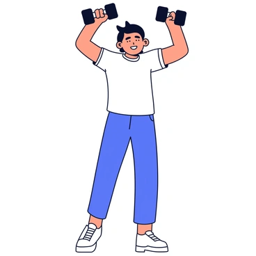 A person performing a dumbbell shoulder press while standing. The individual has their eyes closed, showcasing a look of concentration. They are holding a dumbbell in each hand, with arms raised above shoulder level. The person's feet are shoulder-width apart, and their posture is straight. The scene captures a moment of intense focus on breathing and maintaining proper form during the exercise. The background is minimal to keep attention on the person and their workout.