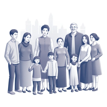 A group of families from diverse cultural backgrounds standing together. Each family is dressed in traditional attire representing their unique heritage. The individuals are various ages, including children, parents, and grandparents, showcasing a multigenerational aspect. The families are positioned closely, with some holding hands, while others are smiling and engaging with one another. In the background, there are elements that hint at various cultural landmarks or artifacts to further emphasize their distinct identities. The image captures a moment of togetherness and celebration of diversity.