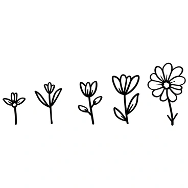 A series of five stages illustrating the progression of a flower blooming. The first stage shows a tiny bud at the center, with delicate green leaves surrounding it. The second stage features the bud starting to open, revealing hints of the petal colors. In the third stage, the petals begin to unfurl, showcasing a more pronounced shape. The fourth stage presents the flower fully opened, displaying a vibrant array of petals, with the leaves fully extended. The fifth stage highlights the flower in full bloom, showing intricate petal details and a prominent center, with additional leaves framing the composition. Each stage is arranged sequentially from left to right.