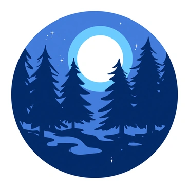 A full moon with a glowing halo is peeking through the dark silhouette of pine tree branches. The branches are numerous and intricately detailed, creating a pattern against the night sky. The moonlight casts soft shadows on the ground below, highlighting the texture of the tree bark and the surrounding area. There are a few scattered stars visible in the dark blue sky, enhancing the serene atmosphere of the scene.