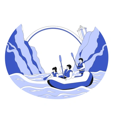 A group of adventurers is rafting on the Colorado River. They are wearing life jackets and paddling energetically in a vibrant blue inflatable raft. The river is flanked by steep canyon walls with rocky textures. In the background, the Hoover Dam looms large with its concrete structure and distinctive arch. The sky above is clear, allowing sunlight to cast shadows on the canyon walls and the dam structure. The water is choppy, creating waves around the raft as the adventurers navigate through the river.