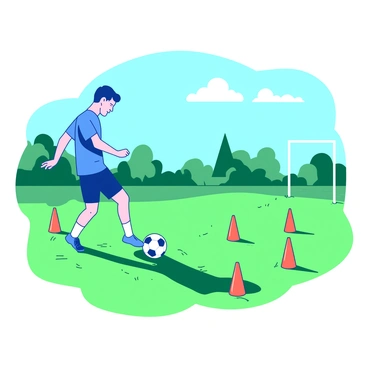 A player wearing a blue jersey is practicing kicks on a training field covered in green grass. The player is focused, with one leg raised high, preparing to strike a soccer ball resting on the ground. Surrounding the player, there are several bright orange cones arranged in a line to mark the training area. The sun is shining brightly, casting shadows of the cones and the player on the grass. In the background, there are distant trees and a clear blue sky.