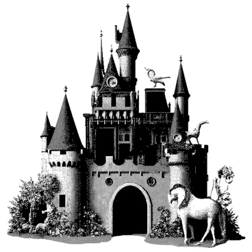 A towering castle made of giant film rolls stands prominently in the center of the image. The film rolls are intricately detailed, showcasing various filmstrip patterns spiraling around the structure. Surrounding the castle are a variety of magical creatures, each with unique features. A small dragon with scaled wings is perched atop one of the film rolls, while a unicorn with a spiraled horn grazes nearby. Other creatures flit around the scene, including a fairy with delicate wings hovering near the castle entrance. Lush greenery and whimsical flowers are scattered throughout the landscape, enhancing the enchanting atmosphere of the setting.