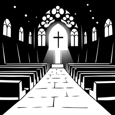 A vast empty cathedral with high vaulted ceilings and intricate stained glass windows, allowing streams of light to filter through. The wooden pews are arranged in neat rows, casting elongated shadows across the stone floor. An ominous shadow looms over the pews, suggesting an unseen presence, creating a sense of foreboding. Dust motes float in the air, enhancing the atmosphere of stillness and solitude within the space.