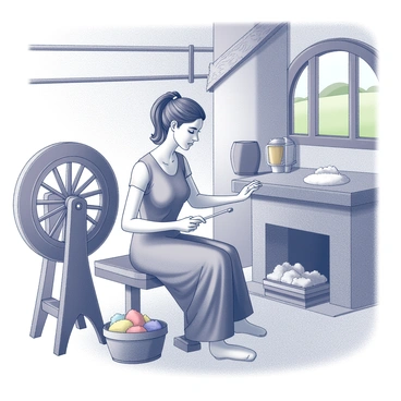 A woman sits in a rustic cottage, focused on her task. She is positioned beside a traditional spinning wheel, which is made of wood with intricate carvings. The woman has long hair tied back, dressed in a simple, flowing dress that complements the cottage's warm and inviting atmosphere. She is gently feeding wool into the spinning wheel, as strands of yarn begin to form. The cottage interior features wooden beams, a stone fireplace, and a window showcasing a view of the green landscape outside. A basket filled with colorful fleece is placed nearby, adding context to her crafting activity.