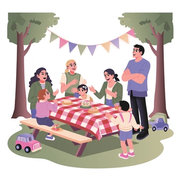 A digital flat illustration depicting a lively family reunion reception in a park setting. In the center, there are several people gathered, including adults and children, engaged in animated conversation. A group of cousins, consisting of three young adults and two children, is laughing and sharing stories around a picnic table covered with a bright red-and-white checkered tablecloth. One adult with curly hair is animatedly gesturing, while another, wearing glasses, is smiling with arms crossed. Nearby, a young girl with pigtails is holding a cupcake with colorful frosting, and a boy is playing with a toy truck on the grass. In the background, there are trees providing shade, and a colorful banner reading "Family Reunion" is hanging between two trees. Sunlight filters through the leaves, creating a warm and inviting atmosphere.