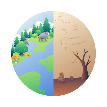 An illustration of the Earth is centered in the image, showing the planet split in half. One side is "green and healthy," covered with lush forests, vibrant foliage, and sparkling blue bodies of water. This side features various animals, such as a "giraffe" and "elephants," peacefully grazing among the trees. The other side is "brown and barren," marked by dry, cracked earth, sparse vegetation, and stumps of cut trees, highlighting the effects of deforestation. The sky above transitions from a bright blue on the green side to a dull gray on the brown side, symbolizing the contrast between the two halves.