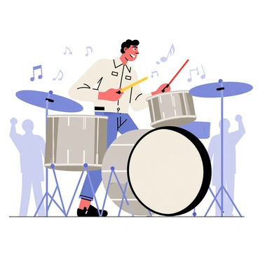 A jazz drummer is positioned at the center of the image, intensely focused on his performance. He has a confident expression on his face, showcasing his passion for music. The drummer is playing a shiny silver drum set, with various drums and cymbals visible. His sticks are in motion, creating a sense of energy and rhythm. Around him, musical notes are illustrated, representing the dynamic solo he is performing. The background features a subtle hint of a lively jazz club atmosphere, with faint outlines of cheering audience members in shadows.