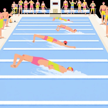 Several swimmers in colorful racing swimsuits are competing in a heated race at an Olympic-sized pool. The water is a vibrant blue, reflecting the bright overhead lights. Each swimmer is in a different lane, with some diving into the water while others are mid-stroke, showcasing their technique. The swimmers' expressions display determination and focus. Spectators can be seen in the background, cheering enthusiastically from the stands. A digital timer is visible at the end of the pool, indicating the race is intense and closely contested.