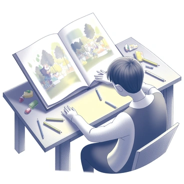 An illustrator seated at a wooden table is flipping through a large storybook. The open pages display a variety of whimsical illustrations and characters, showcasing vibrant and imaginative scenes. The illustrator's fingers gently touch the edge of the pages, while the other hand supports the book. The workspace includes art supplies scattered around, such as colored pencils and brushes, and a warm light illuminates the surroundings, highlighting the intricate details of the illustrations. The atmosphere is one of creativity and inspiration as the illustrator engages with the enchanting artwork within the book.