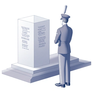 An honor guard standing at attention beside a memorial wall. The guard is dressed in a formal uniform, displaying distinct insignia and polished shoes. The memorial wall is engraved with names and dates, reflecting a somber atmosphere. The guard's posture is straight and respectful, with the head held high and the arms positioned at the sides. A gentle breeze stirs the fabric of the uniform, while the surrounding area remains quiet and still, emphasizing the gravity of the moment.