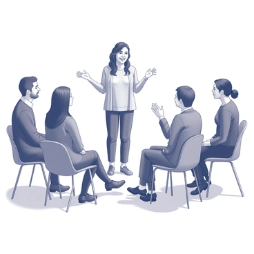 Dona Marina is positioned centrally between two groups of people engaged in a discussion. She is actively translating the conversation, using animated gestures to convey the meaning of the words spoken. Her hands are raised, expressing enthusiasm and clarity as she moves them gracefully. The two groups consist of individuals of varying appearances and attire, suggesting diverse backgrounds. Each group is closely focused on Dona Marina, with expressions of interest and engagement. The background captures the essence of a gathering place, but details remain subtle, allowing the focus to remain on Dona Marina's dynamic role in facilitating communication.